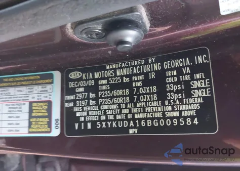 2011 Kia Sorento Ex from USA, damaged, VIN 5XYKUDA16BG009584